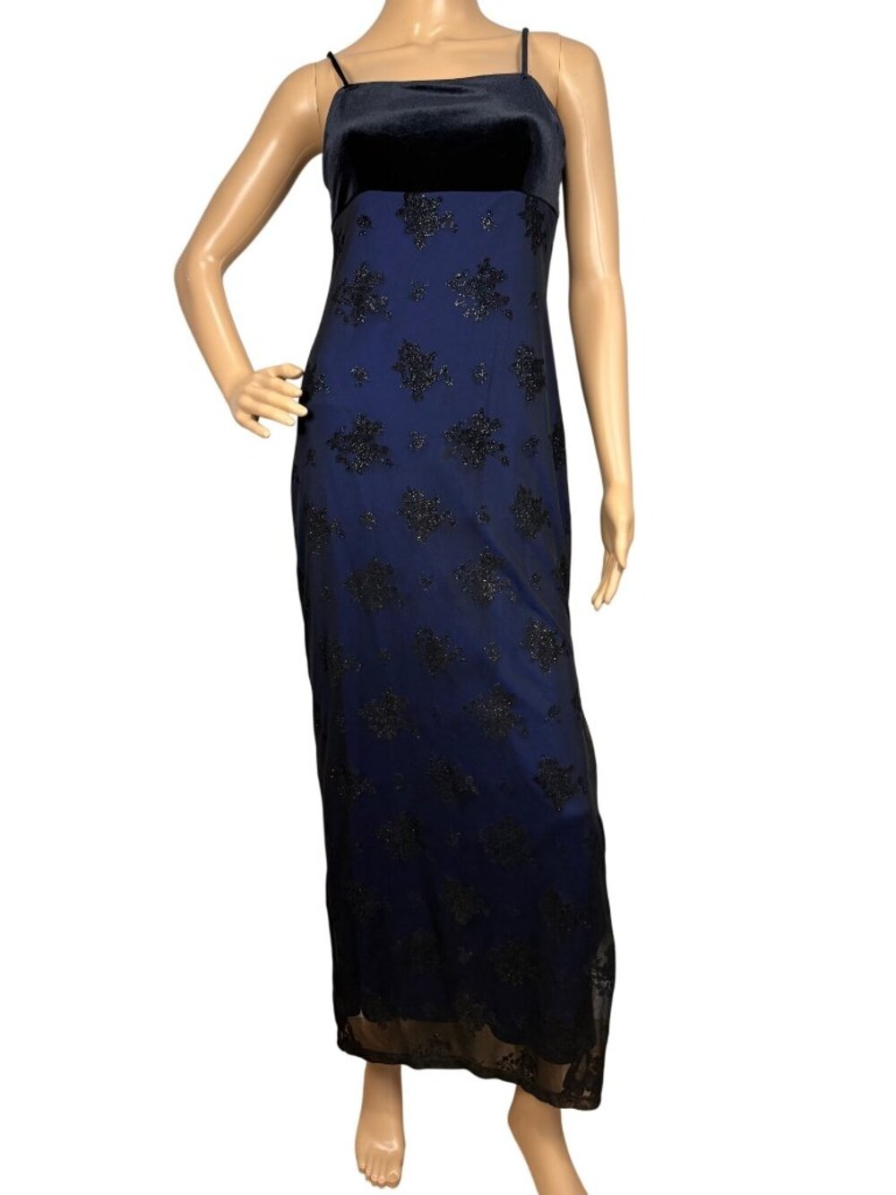 Vintage Rocket Candy Navy Blue Black Mesh Slip Dress M Sparkly Floral Y2K Formal